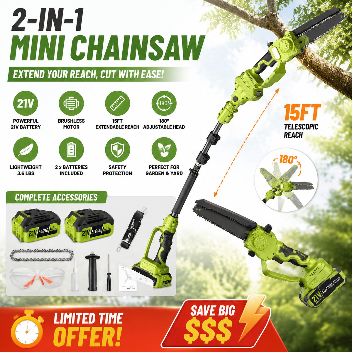 🔥Summer Sale🌳2-in-1 Mini Chainsaw – Cordless Electric Pruning Saw with Telescopic Pole & 21V Batteries