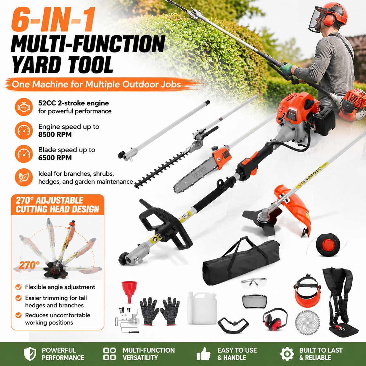 🔥Summer Sale-6-in-1 Gas Hedge Trimmer Garden Tool,52CC Gas Pole Hedge Trimmer