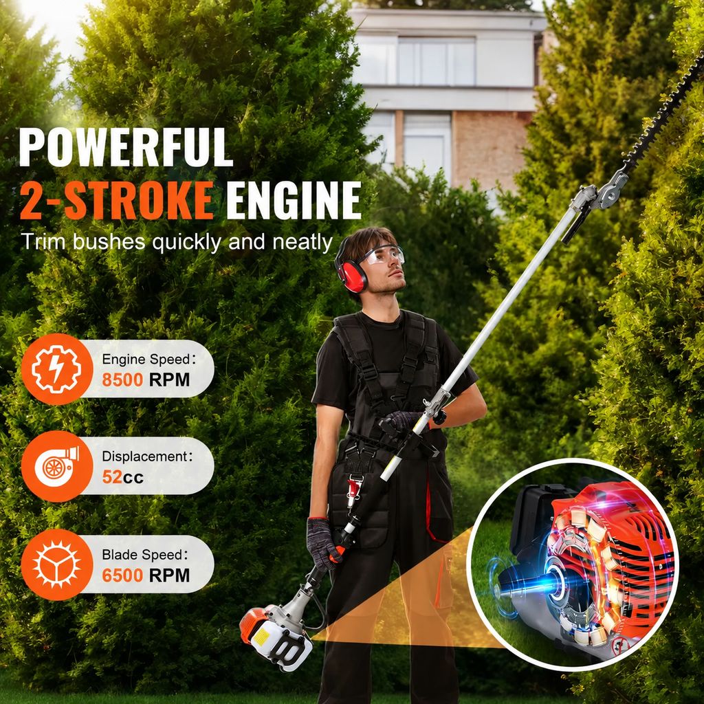 🔥Summer Sale-6-in-1 Gas Hedge Trimmer Garden Tool,52CC Gas Pole Hedge Trimmer