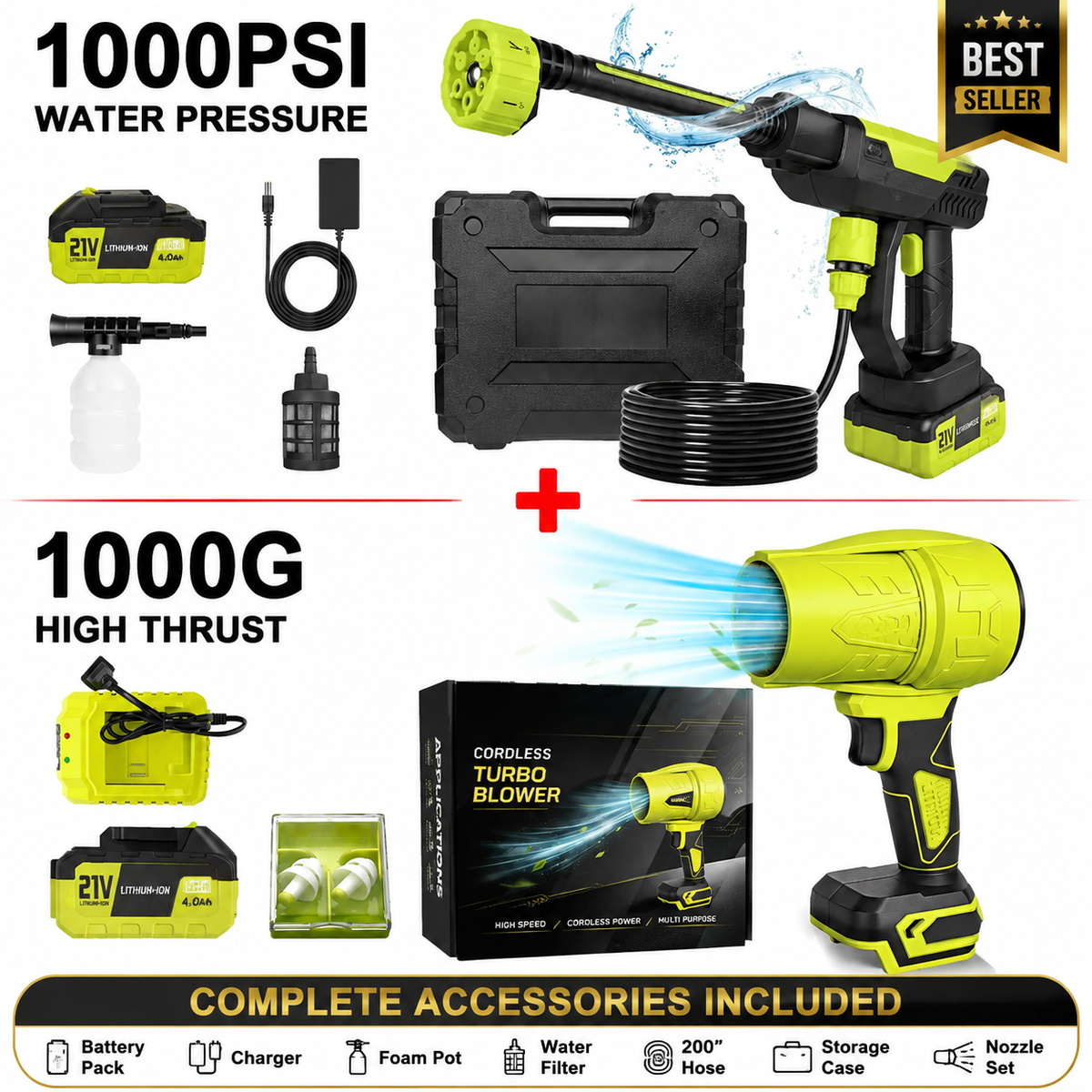 📢 Flash Sales 🔥 21V Cordless Car Cleaning Kit with 1000 PSI Pressure Washer & 1000G Turbo Leaf Blower