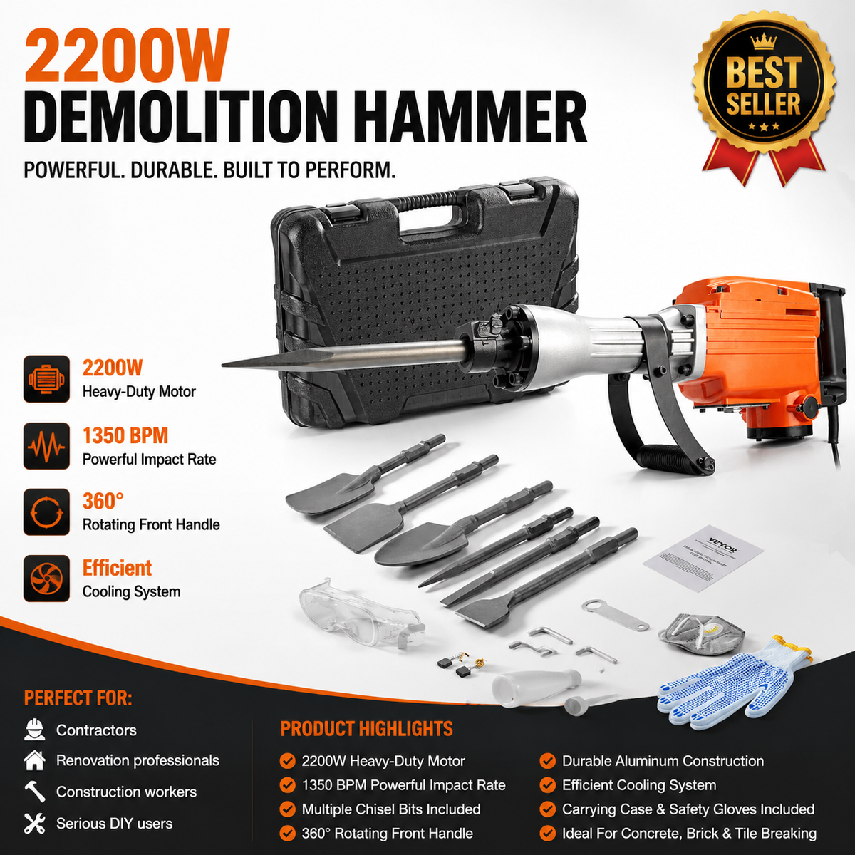 ⚡SUMMER SALE-2200W Heavy Duty Electric Demolition Hammer Concrete Breaker🛠️