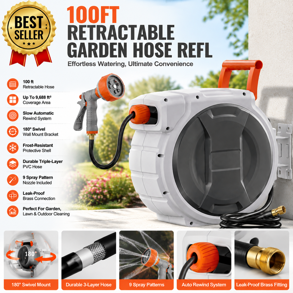 [🔥SUMMER SALE💯] 100ft Wall Mounted Retractable Hose Reel 180° Swivel Slow Rewind 9-Pattern Nozzle