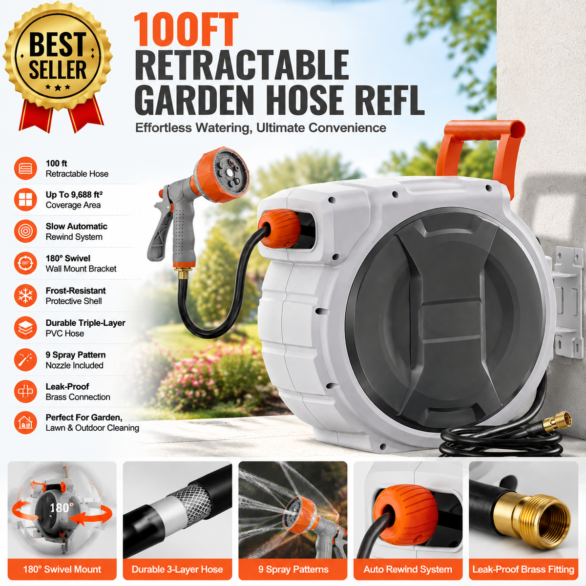 [🔥SUMMER SALE💯] 100ft Wall Mounted Retractable Hose Reel 180° Swivel Slow Rewind 9-Pattern Nozzle