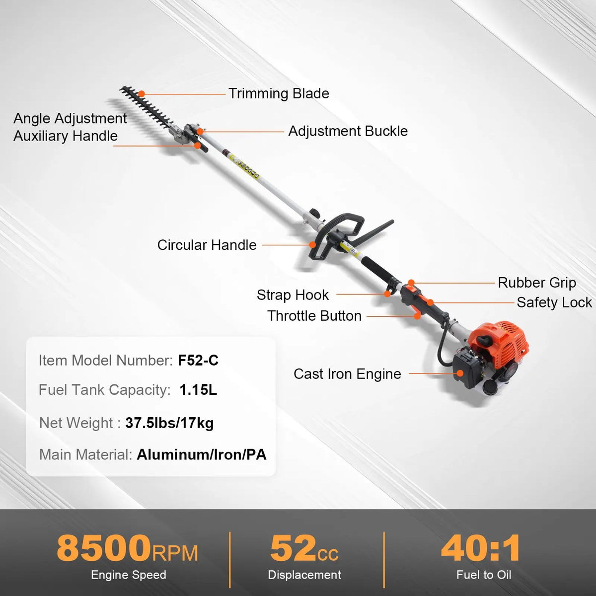 🔥Summer Sale-6-in-1 Gas Hedge Trimmer Garden Tool,52CC Gas Pole Hedge Trimmer