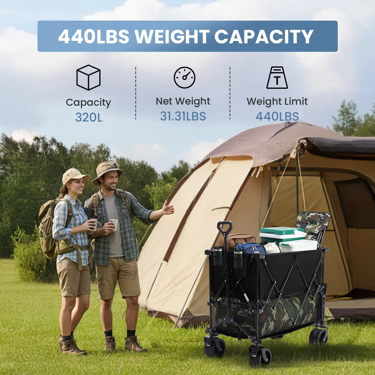 🎁Summer Sale-440lbs Heavy Duty Collapsible Utility Wagon,All-Terrain Folding Outdoor Wagon🛒