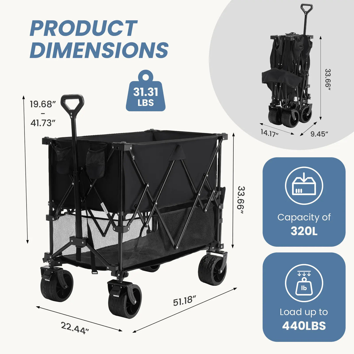 🎁Summer Sale-440lbs Heavy Duty Collapsible Utility Wagon,All-Terrain Folding Outdoor Wagon🛒