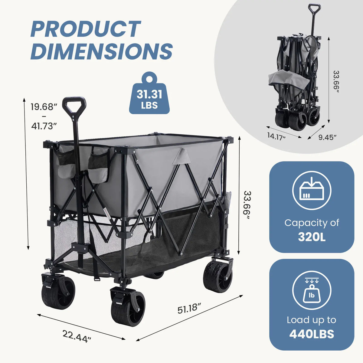 🎁Summer Sale-440lbs Heavy Duty Collapsible Utility Wagon,All-Terrain Folding Outdoor Wagon🛒