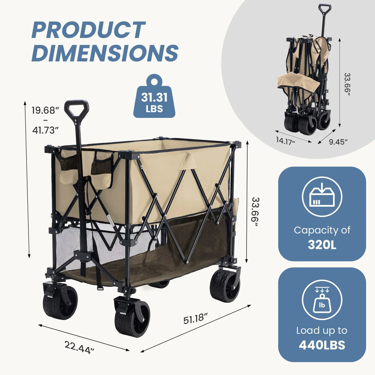 🎁Summer Sale-440lbs Heavy Duty Collapsible Utility Wagon,All-Terrain Folding Outdoor Wagon🛒