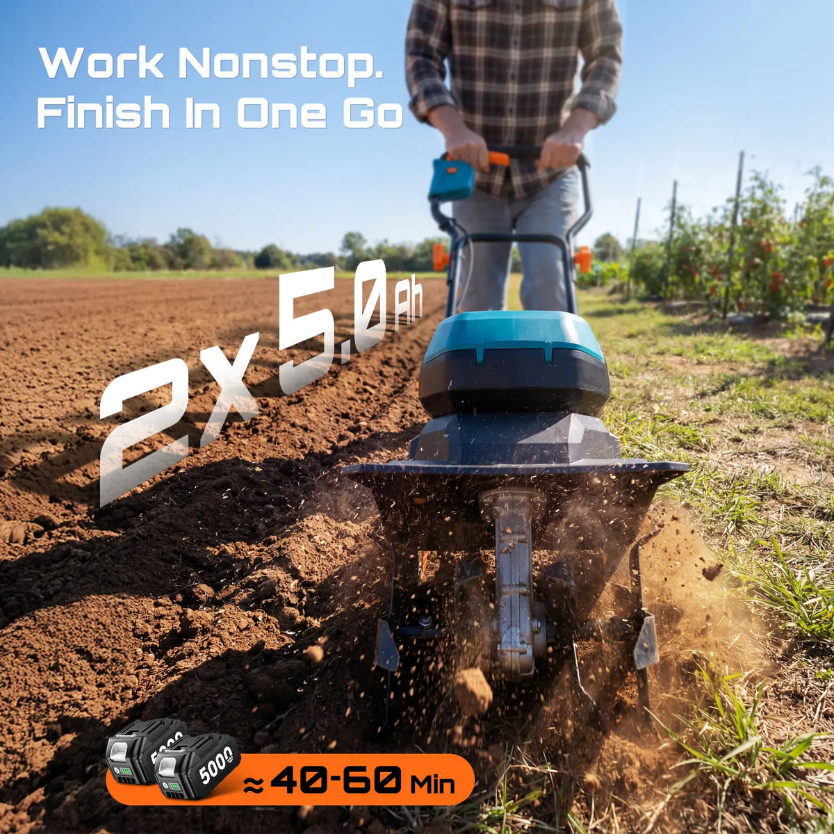 SUMMER SALE-40V Cordless Electric Tiller Cultivator,600 RPM Rototiller, 2x 5000mAh Batteries,18" Depth 12" Width