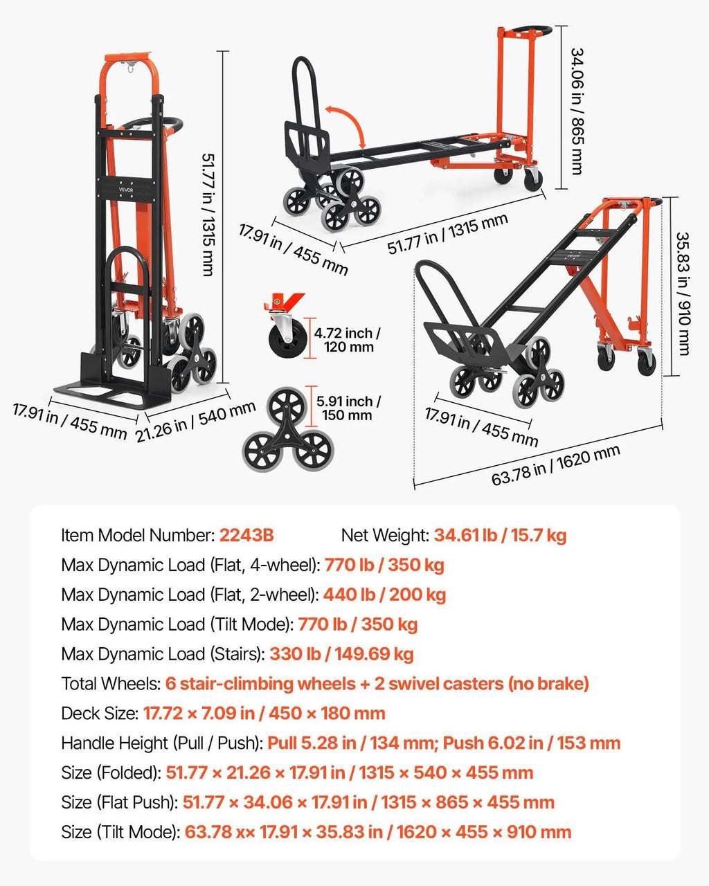 🛒SUMMER SALE🛠️3-in-1 Stair Climbing Cart, Foldable Hand Truck with 770 lbs Capacity