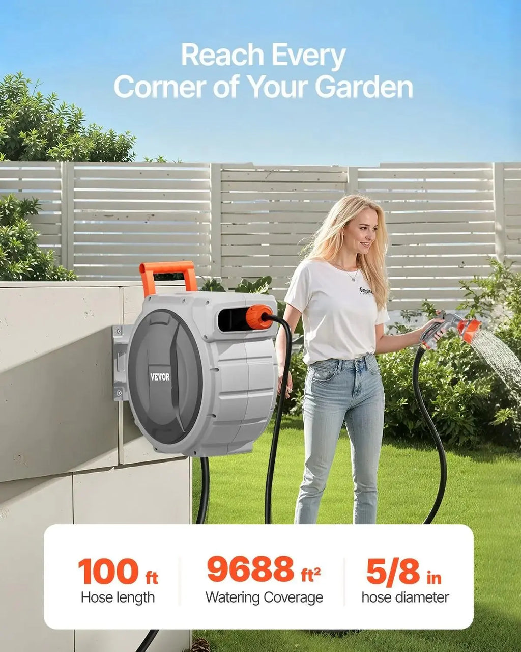 [🔥SUMMER SALE💯] 100ft Wall Mounted Retractable Hose Reel 180° Swivel Slow Rewind 9-Pattern Nozzle