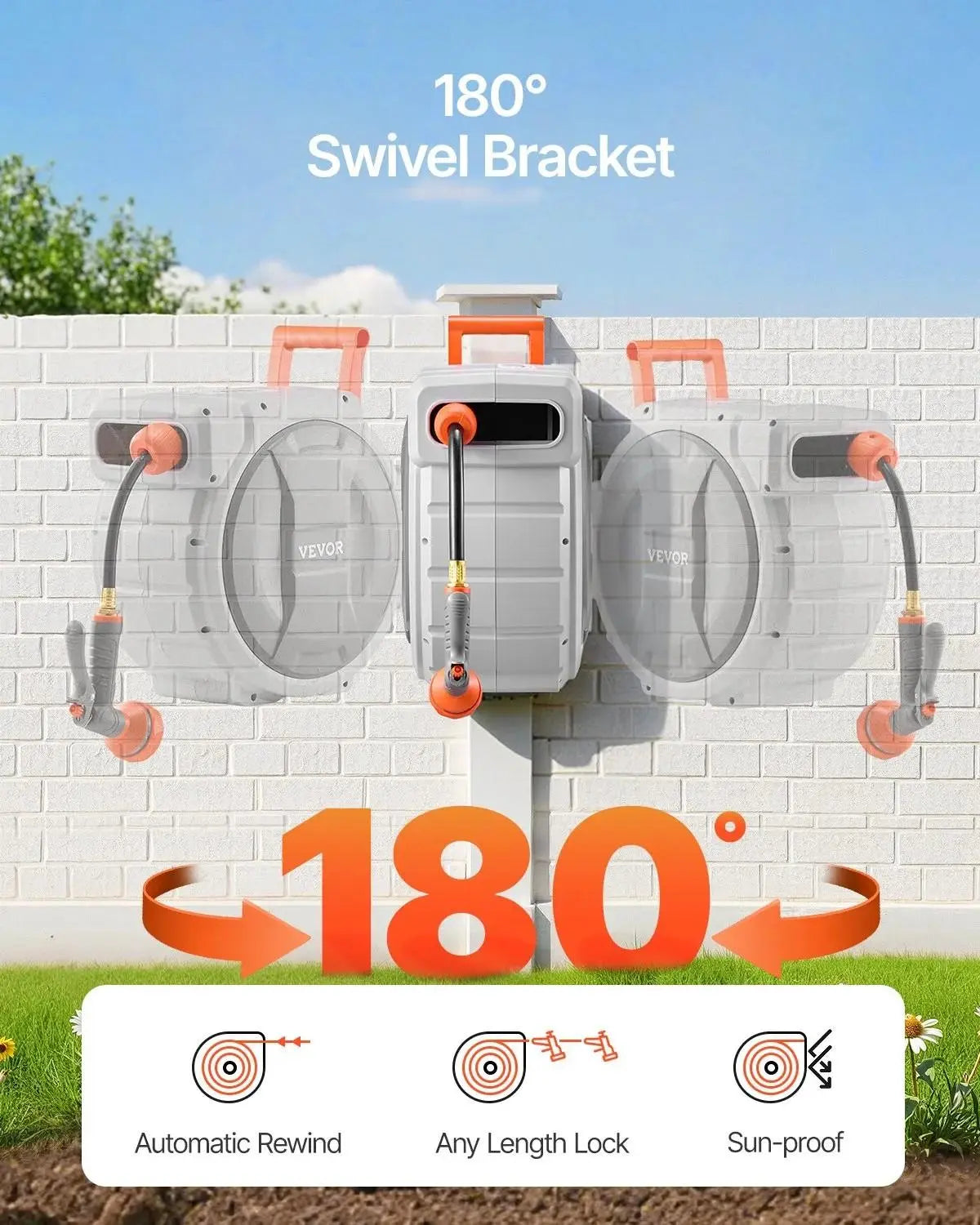 [🔥SUMMER SALE💯] 100ft Wall Mounted Retractable Hose Reel 180° Swivel Slow Rewind 9-Pattern Nozzle