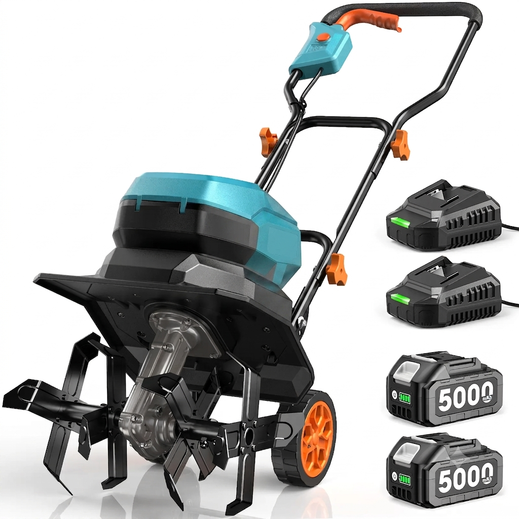 SUMMER SALE-40V Cordless Electric Tiller Cultivator,600 RPM Rototiller, 2x 5000mAh Batteries,18" Depth 12" Width